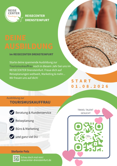 Reisecenter Drensteinfurt – Ausbildungsplatzsuche & Kommunikationsdesign Anzeigengestaltung für ein Ausbildungsplatzangebot für das Reisecenter Drensteinfurt – Textgestaltung und Kommunikationsdesign.
